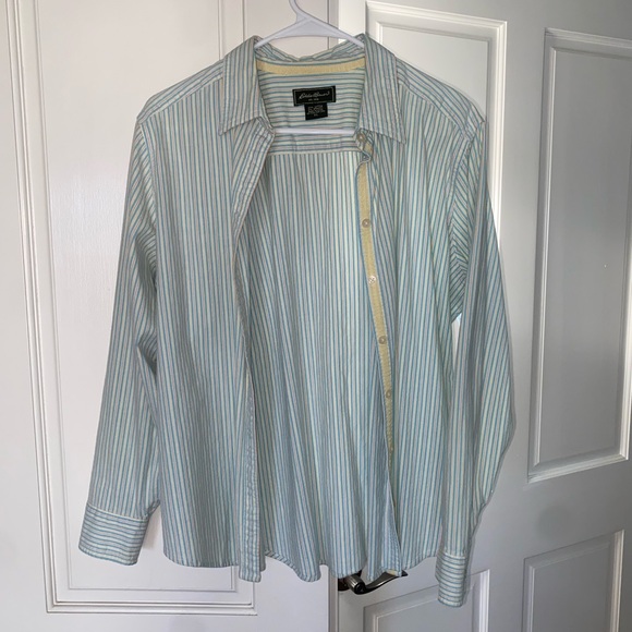 Vintage Eddie Bauer Blue Yellow Striped Button Up Long Sleeve Shirt